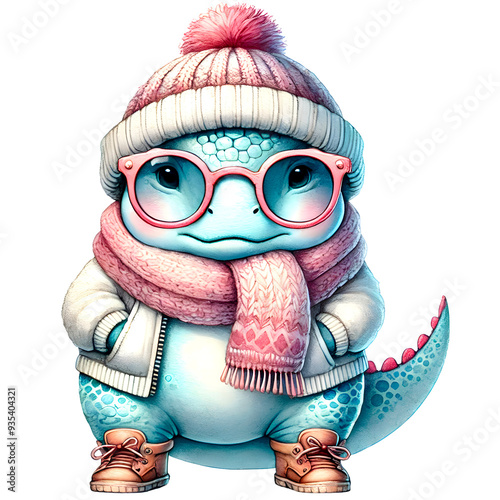 Watercolor cute dinosaur wearing winter clothes in Winter season, Looking so cool and dino also wear sunglasses. 