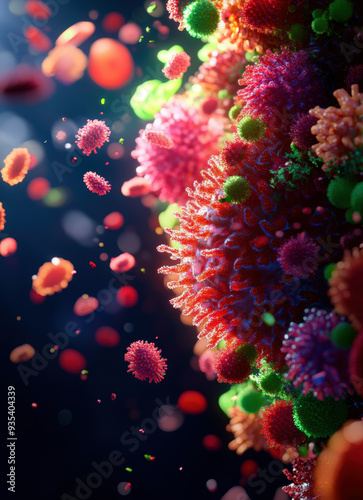 Colorful microscopic particles float in vibrant, dynamic scene.