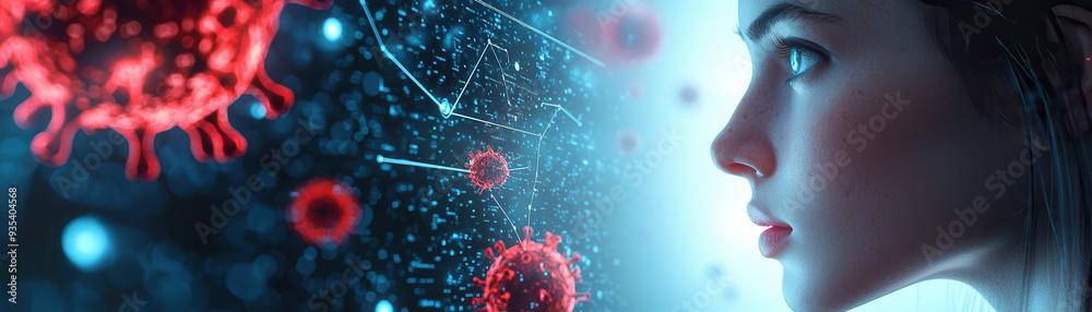 A woman gazes intently at floating virus particles, reflecting curiosity and concern. digital background enhances scientific theme. A woman gazes intently at floating virus particles, reflecting curiosity and concern. digital background enhances scientific theme.