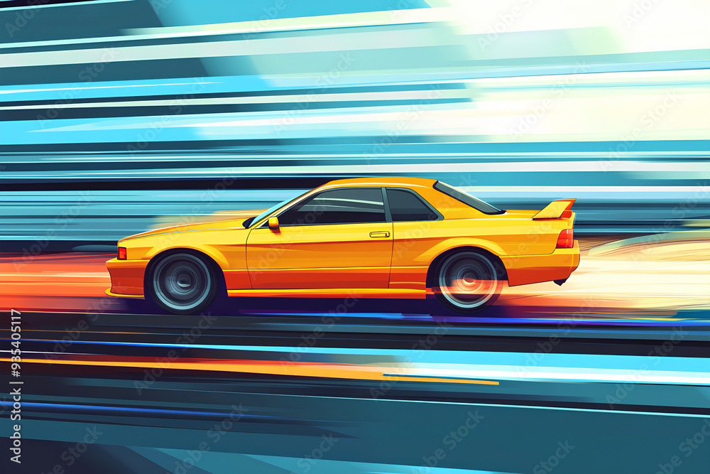 Fototapeta premium yellow car at high speed along the highway blur movement speed, cartoon style, vector, 3d rendering