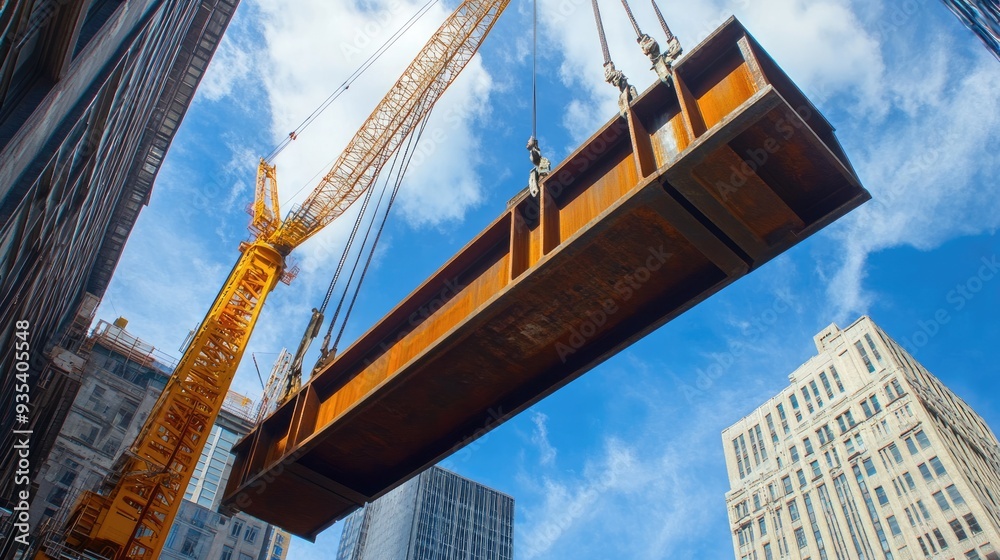 Fototapeta premium Construction Crane Lifting a Steel Beam in a City
