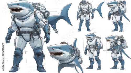 A futuristic shark character in a spacesuit, showcasing various angles and features. photo