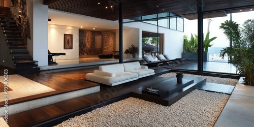 Modern house interior with white sofa and pebbles.