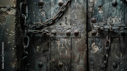 an old closed door with heavy chains around i