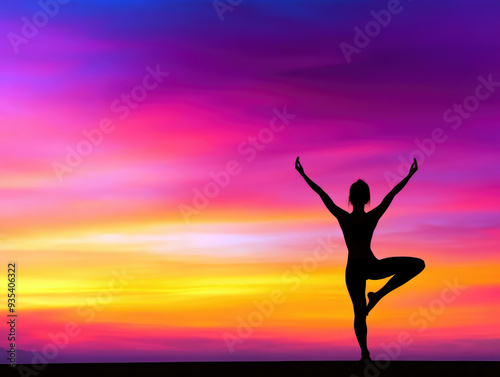 Wallpaper Mural Silhouette of person practicing yoga against vibrant sunset sky, evoking tranquility and balance. Torontodigital.ca