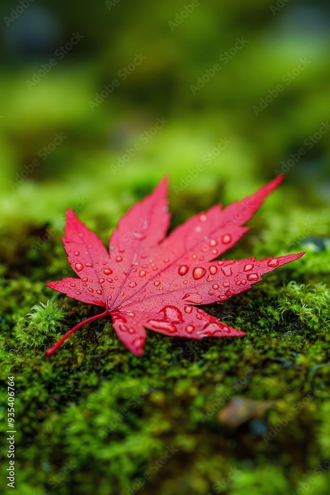A close-up of a brilliant red maple leaf lying on a bed of green moss, with tiny water droplets glistening on its surface. A close-up of a brilliant red maple leaf lying on a bed of green moss, with tiny water droplets glistening on its surface.