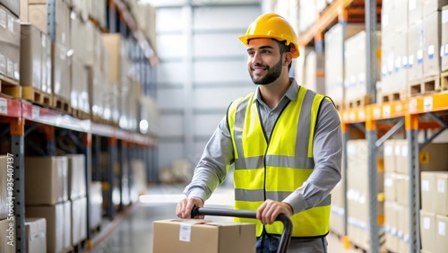 A male employee operating a hand truck in a warehouse filled with rows of racks and goods. 