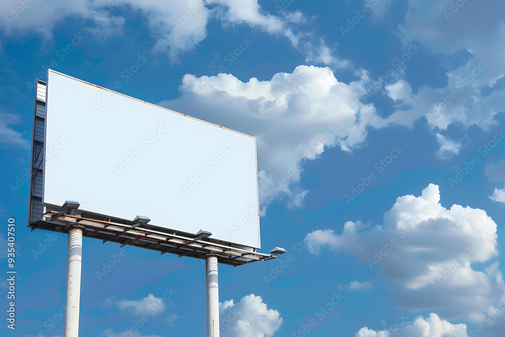 A large, blank white billboard stands prominently against a bright blue sky with scattered clouds, ready for advertising or messaging A large, blank white billboard stands prominently against a bright blue sky with scattered clouds, ready for advertising or messaging