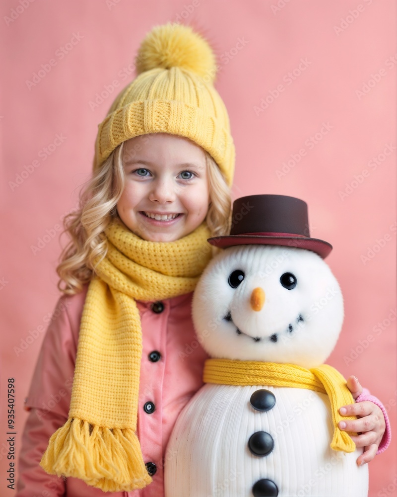 Fototapeta premium Cheerful Little Girl in Yellow Winter Hat Hugging Cute Snowman Toy Against Pink Background 