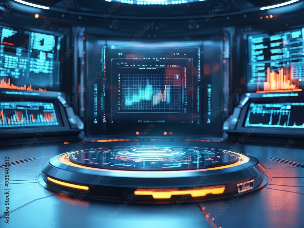 Futuristic podium with holographic displays, immersive high-tech setting, dynamic digital screens showcasing data and graphs, dedicated space for text at the top Futuristic podium with holographic displays, immersive high-tech setting, dynamic digital screens showcasing data and graphs, dedicated space for text at the top