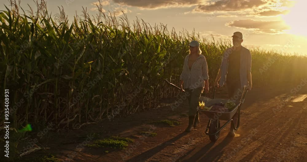 Farmers walk by a cornfield at sunset, with the man pushing a wheelbarrow of vegetables, their silhouettes highlighted by the sun. Farmers walk by a cornfield at sunset, with the man pushing a wheelbarrow of vegetables, their silhouettes highlighted by the sun.