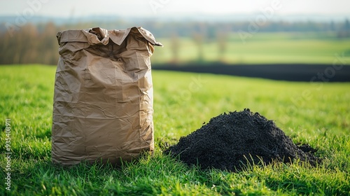 Large heavy paper bag filled with biochar on a grassy field, representing eco-friendly packaging and sustainable agriculture. photo