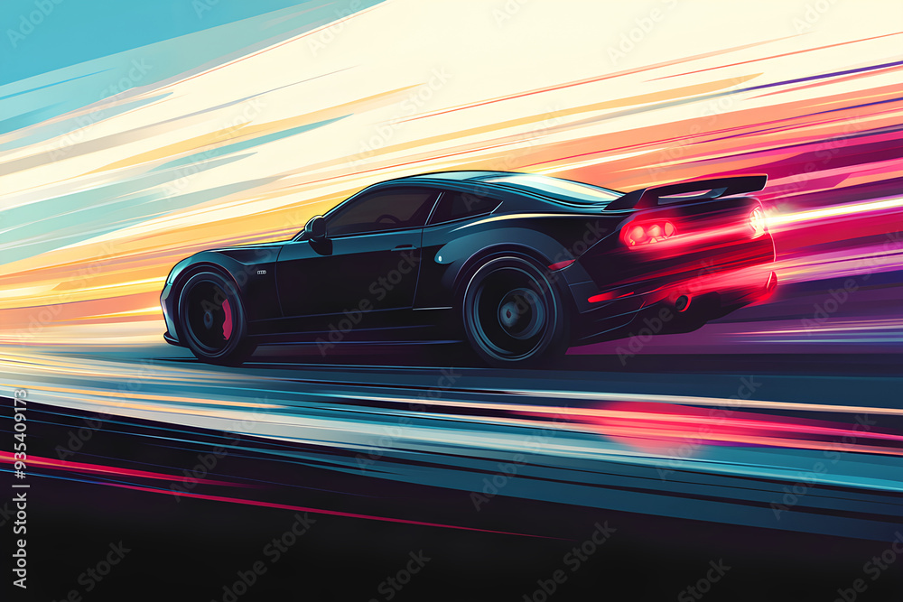 Obraz premium black car at high speed along the highway blur movement speed, cartoon style, vector, 3d rendering