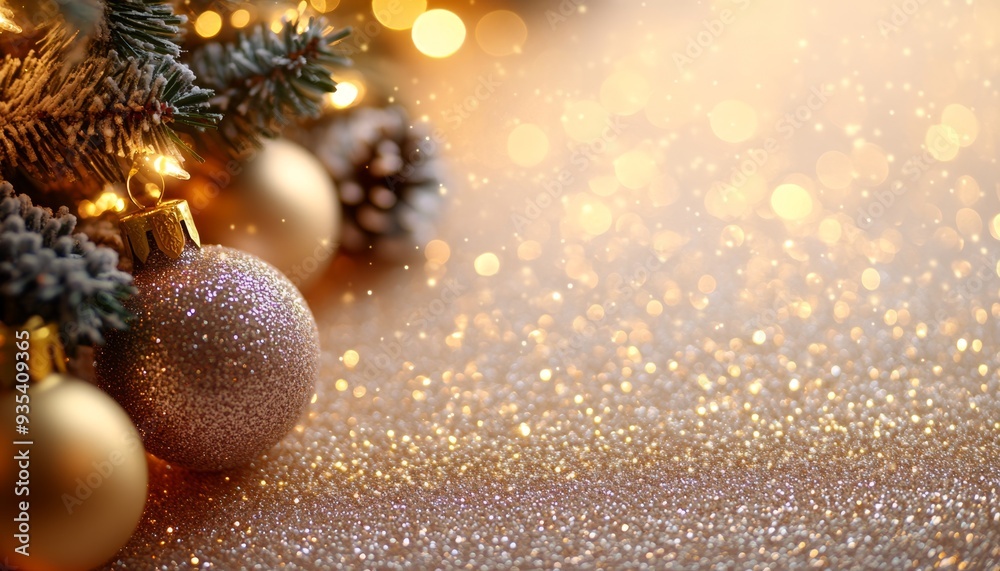 Christmas ornaments with red and gold baubles and pine cones on a snowy background. Perfect for holiday cards and festive decorations. Christmas ornaments with red and gold baubles and pine cones on a snowy background. Perfect for holiday cards and festive decorations.