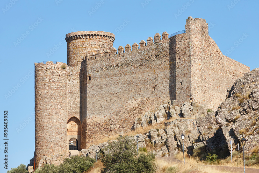 Picturesque medieval castle in Puebla de Alcocer. Badajoz, Extremadura. Spain