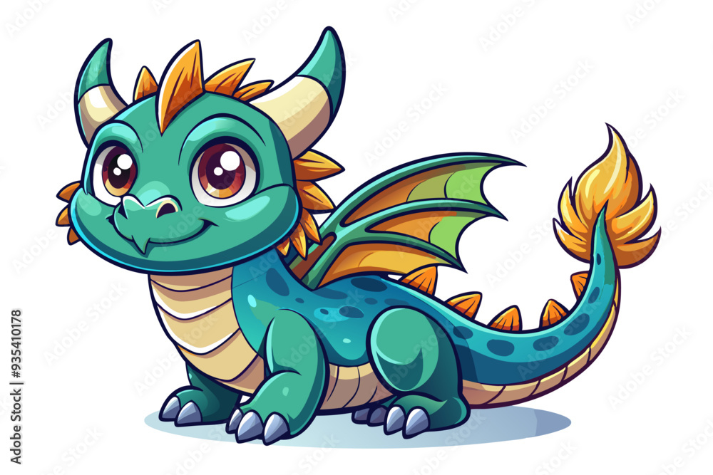 Obraz premium Cartoon Green Dragon with Big Eyes and a Smile