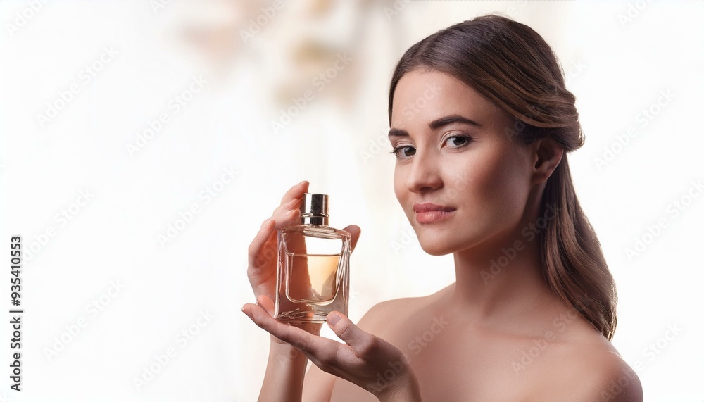 A beautiful young woman holding a perfume in her hands A beautiful young woman holding a perfume in her hands