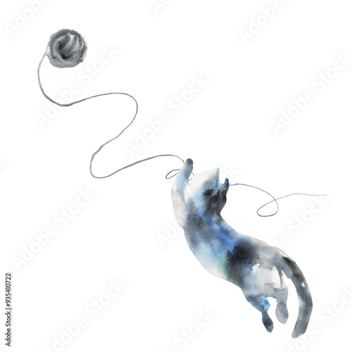 Cat with a ball of wool. Fluffy cat jumps and plays with a ball. Watercolor sketch shows a cheerful, happy and fluffy cat jumps and tries to catch the ball. It is maid in the form of a watercolor
