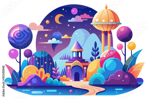 Fantastical Nighttime Landscape with Abstract Shapes and Buildings