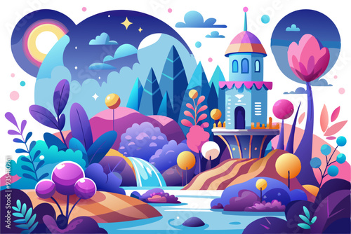 A whimsical fantasy landscape with a tower, a waterfall, and glowing trees