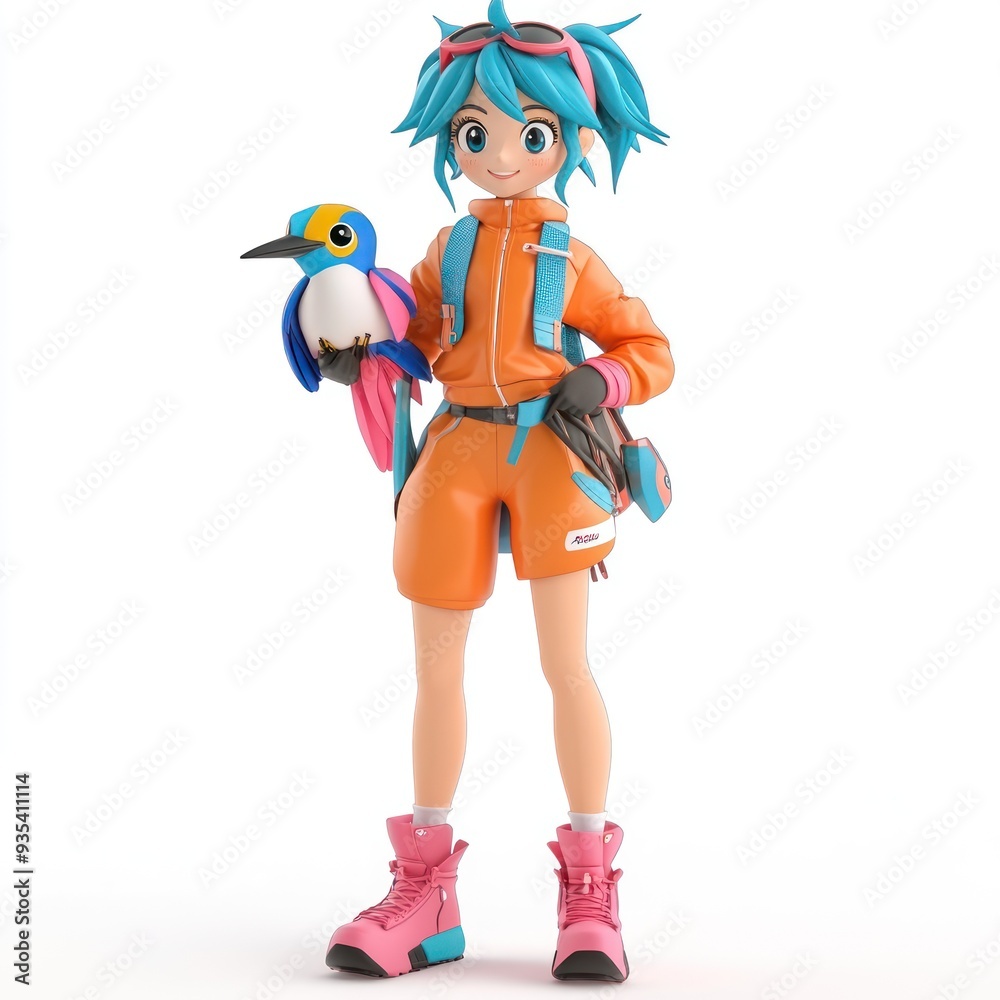 A vibrant animated character holding a colorful bird, dressed for adventure. A vibrant animated character holding a colorful bird, dressed for adventure.