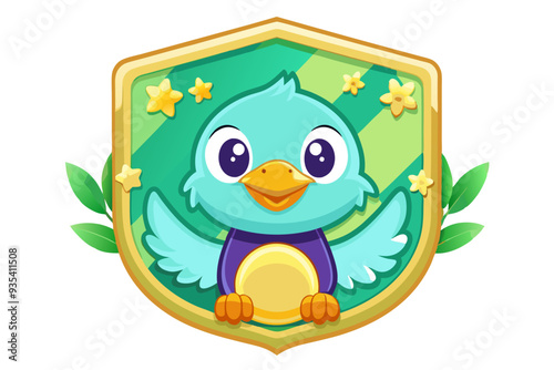 Cartoon Blue Bird Holding A Coin In A Golden Shield