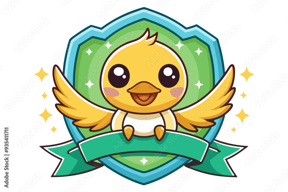 Cute Yellow Duckling with Wings Inside a Green Shield with a Banner Cute Yellow Duckling with Wings Inside a Green Shield with a Banner