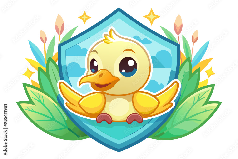 Obraz premium Cartoon Duckling Inside a Blue Shield with Flowers and Leaves
