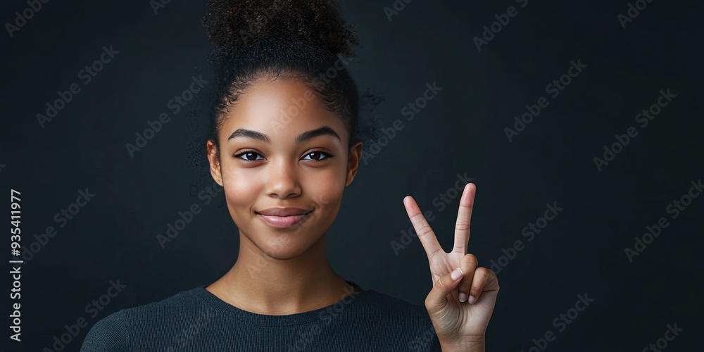 young african american woman peace sign, solid background, young african american woman peace sign, solid background,