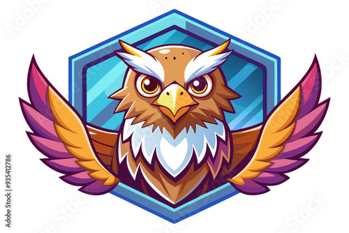 Fierce Cartoon Eagle with Spread Wings in Hexagon Frame