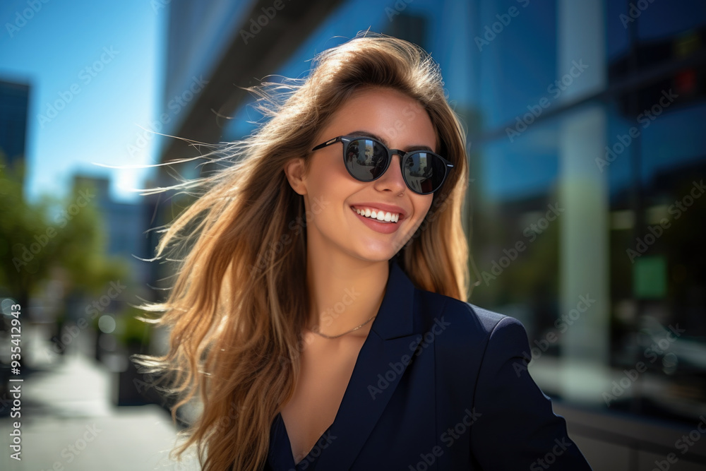 A woman in stylish sunglasses and a suit is smiling brightly A woman in stylish sunglasses and a suit is smiling brightly