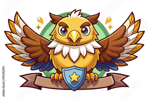 Cartoon Golden Owl Holding a Shield with a Star