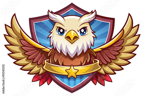 Cartoon Eagle Mascot with Wings, Shield, and Star