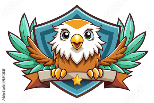 Cartoon Eagle with Spread Wings Holding a Banner and Star in a Shield