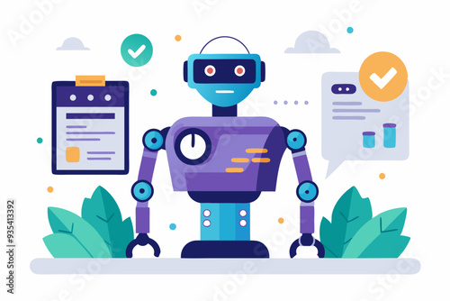 A purple robot is standing next to a clipboard and some leaves