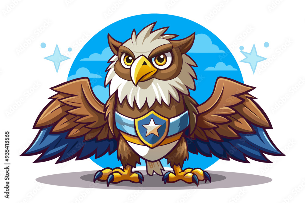Fototapeta premium Cartoon Eagle with Spread Wings, Blue Shield, and Stars