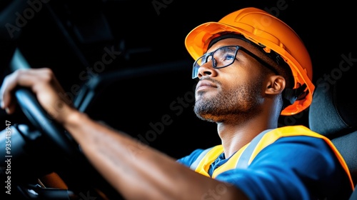 Focused construction worker wearing a safety helmet and glasses, driving a vehicle at night with determination and alertness.