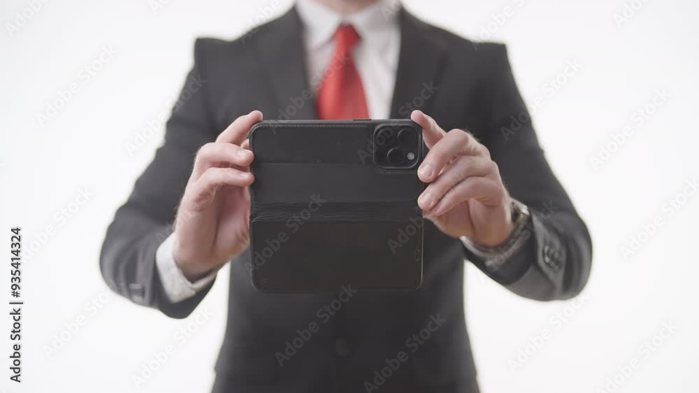 Headless businessman in suit take photos with a smartphone with triple lens 4K Headless businessman in suit take photos with a smartphone with triple lens 4K