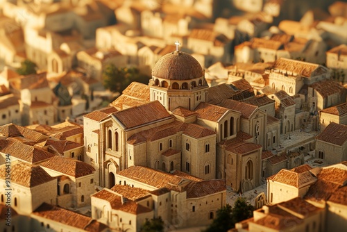 A closeup 3D render of an elegant christian city, soft lighting  photo