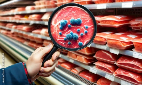 Close-Up of Harmful Bacteria on Raw Meat Displayed in a Grocery Store, Emphasizing the Importance of Food Safety and Proper Handling Procedures photo