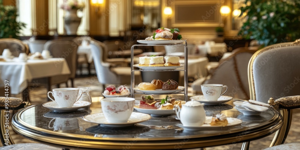 Elegant high tea setup with pastries and teacups. Elegant high tea setup with pastries and teacups.
