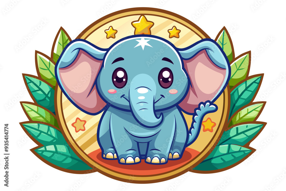 Obraz premium Cute Cartoon Elephant with Big Eyes Surrounded by Leaves and Stars