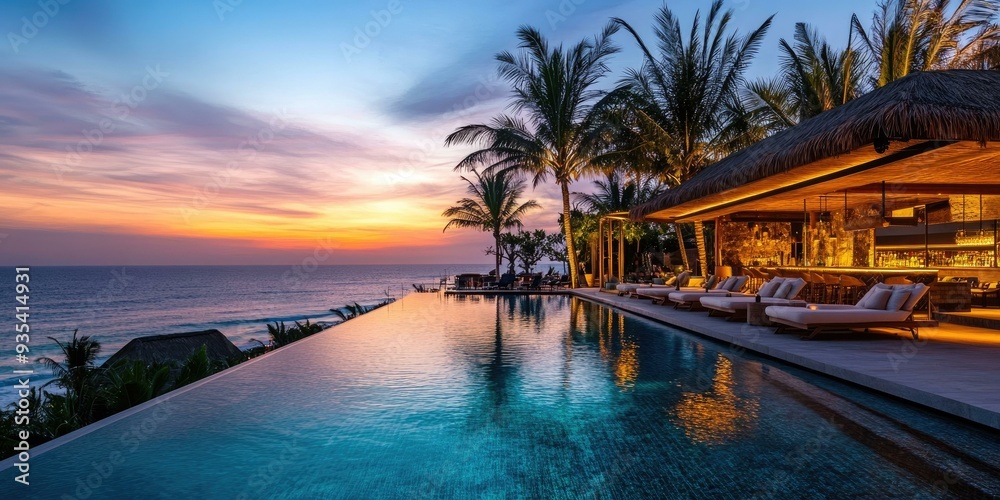 Fototapeta premium Infinity pool with ocean view at sunset.