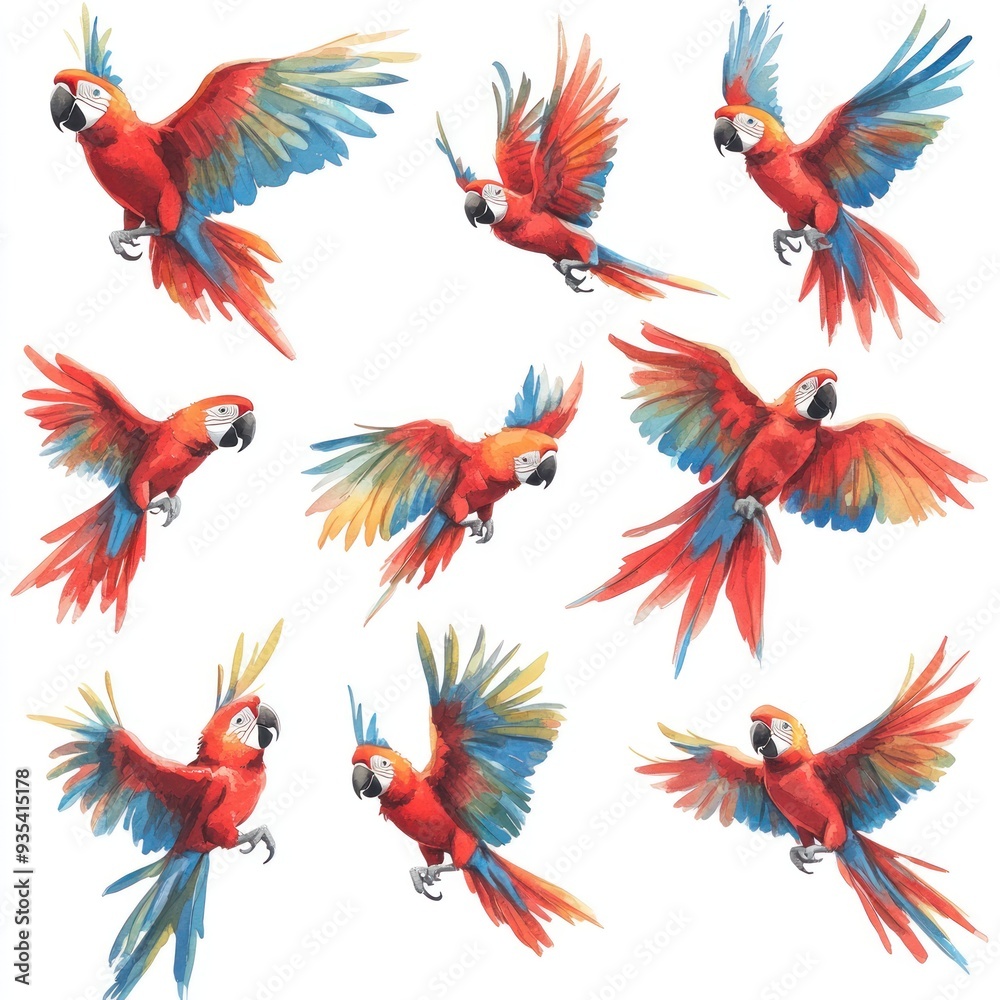 A vibrant illustration of colorful macaws in various flying poses. A vibrant illustration of colorful macaws in various flying poses.