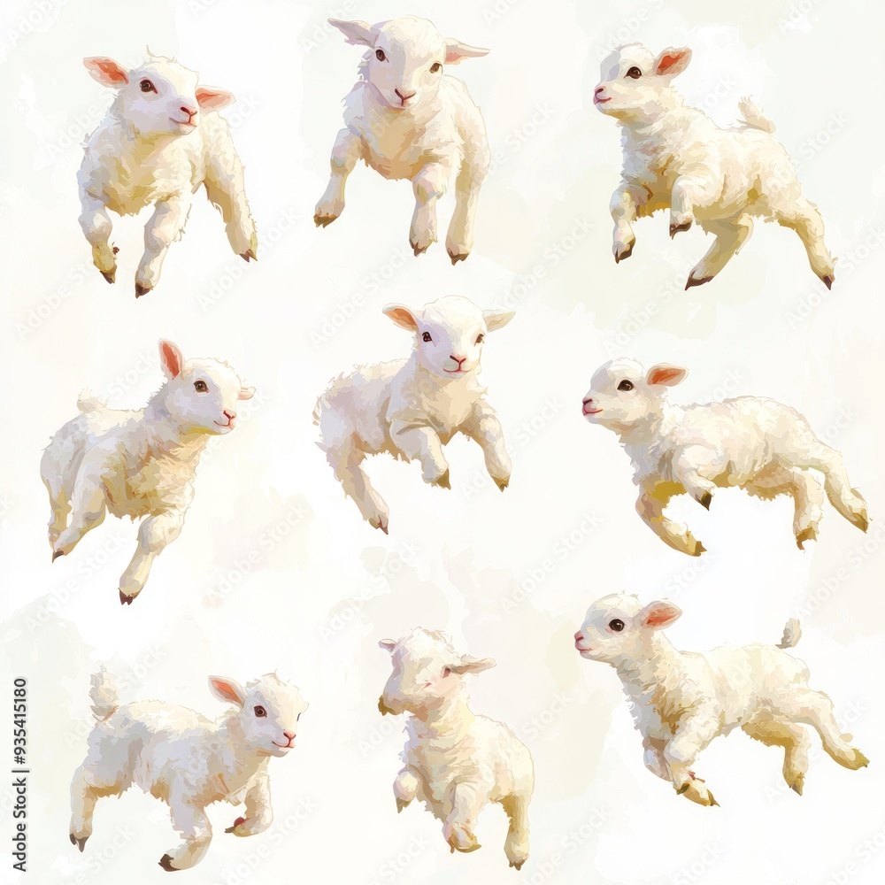 A playful arrangement of jumping lambs in a light background. A playful arrangement of jumping lambs in a light background.