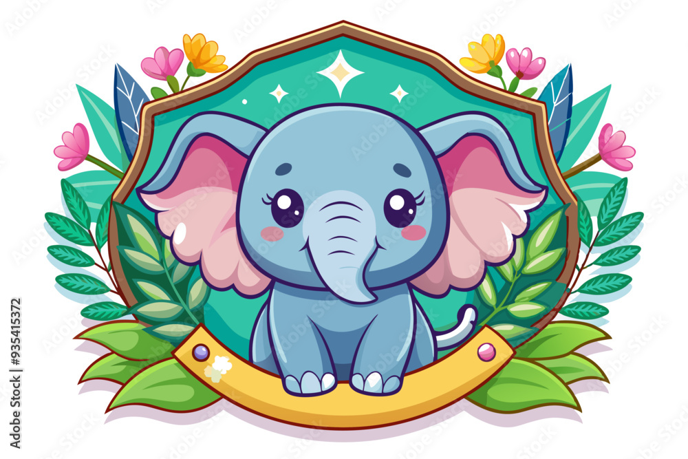 Obraz premium Cute Cartoon Elephant with Floral Frame