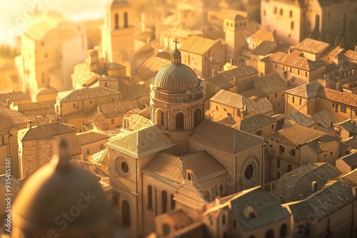 A closeup 3D render of an elegant christian city, soft lighting  photo