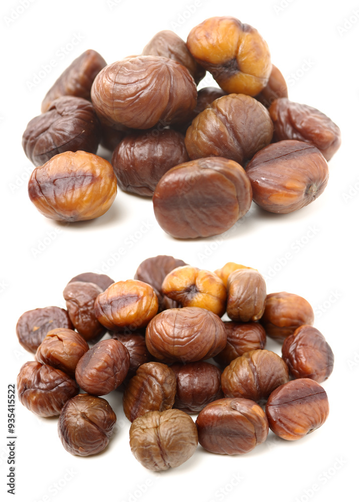 chinese food, peeled roasted chestnut on white background chinese food, peeled roasted chestnut on white background