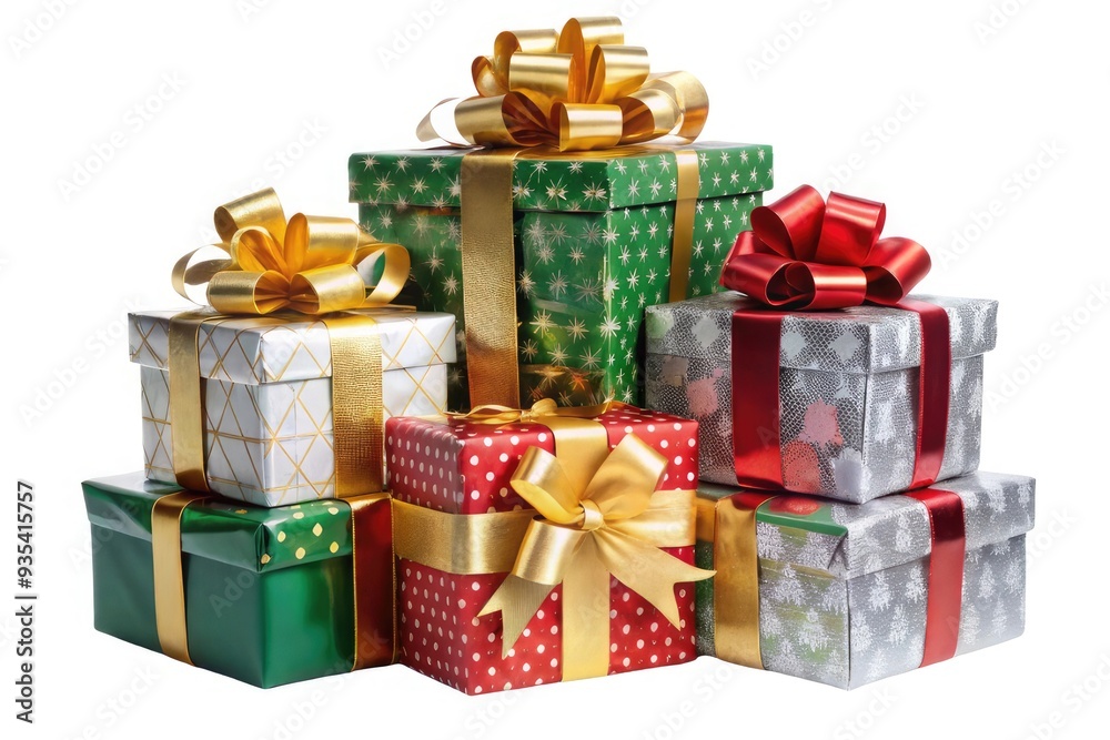 Obraz premium Gift Boxes Design: Create multiple large ribbon gift boxes stacked, with optional festive motifs. Use red, green, gold, and silver colors. Background should be white.