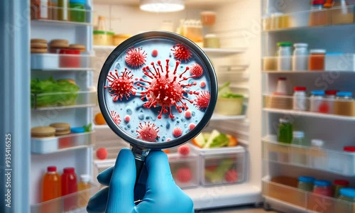 Close-Up of Virus and Bacteria Contamination in Refrigerator, Emphasizing Food Safety, Prevention of Foodborne Illnesses, and Proper Storage Practices